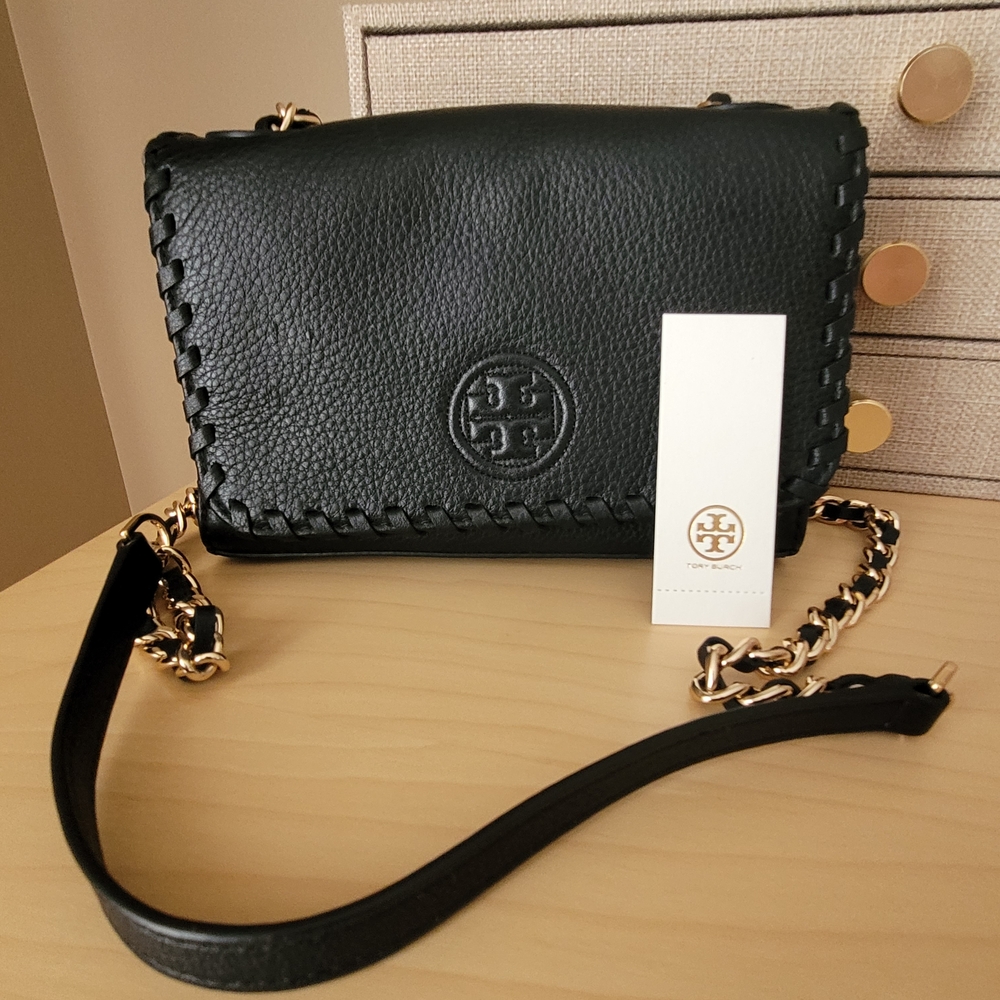 Tory Burch Black Marion Whipstitch Crossbody with Gold Chain